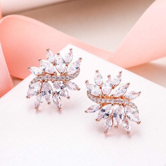Rose Gold with White Diamond Cubic Zirconia Floral Leaf Post Back Stud Earrings - Picture 2 of 5